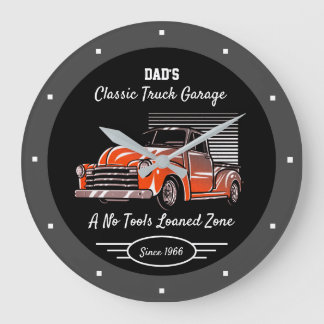 Classic Truck Garage Dad's Any Name Chevy Black Large Clock