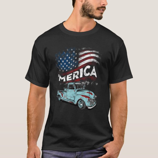 Classic Truck Merica American Flag With Pickup 4th T-Shirt (Front)