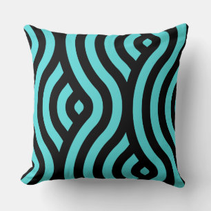 Classic Turquoise and Black Striped Wave Pattern Cushion