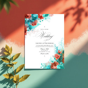 Classic Turquoise and Coral Floral Wedding Photo Invitation