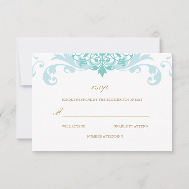 Classic Turquoise & Gold Elegant Ironworks Wedding RSVP Card (Front)