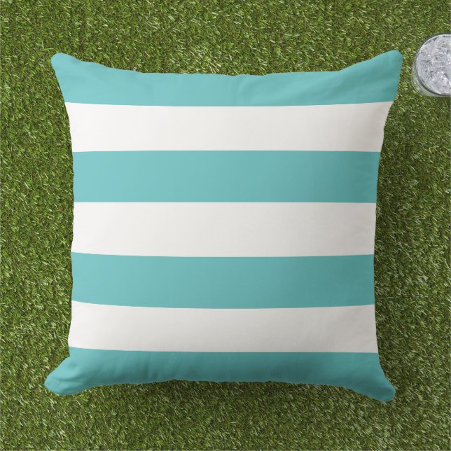 Classic Turquoise Teal Wide Horizontal Stripe Cushion (Grass)