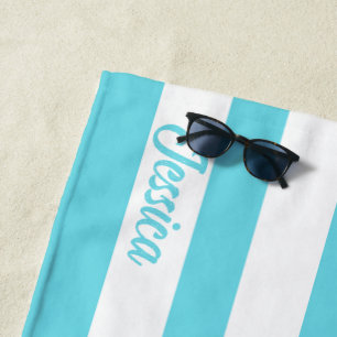 Classic Turquoise White Cabana Strip Personalised Beach Towel