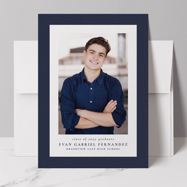 Classic tweed frame simple navy photo graduation announcement (Creator Uploaded)