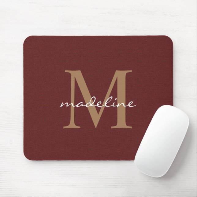 Classic Tweed Red Girly Script Gold Monogram Mouse Pad (With Mouse)
