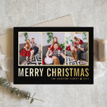 Classic Typography Photo Collage Black Christmas<br><div class="desc">Merry Christmas! Send your warm wishes this season with this customisable Christmas photo collage card. It features simple typography. Personalise by adding three photos,  names,  year and other details. This modern gold foil Christmas card is available in other colours and cardstock.</div>