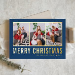 Classic Typography Photo Collage Blue Christmas<br><div class="desc">Merry Christmas! Send your warm wishes this season with this customisable Christmas photo collage card. It features simple typography. Personalise by adding three photos,  names,  year and other details. This modern gold foil Christmas card is available in other colours and cardstock.</div>
