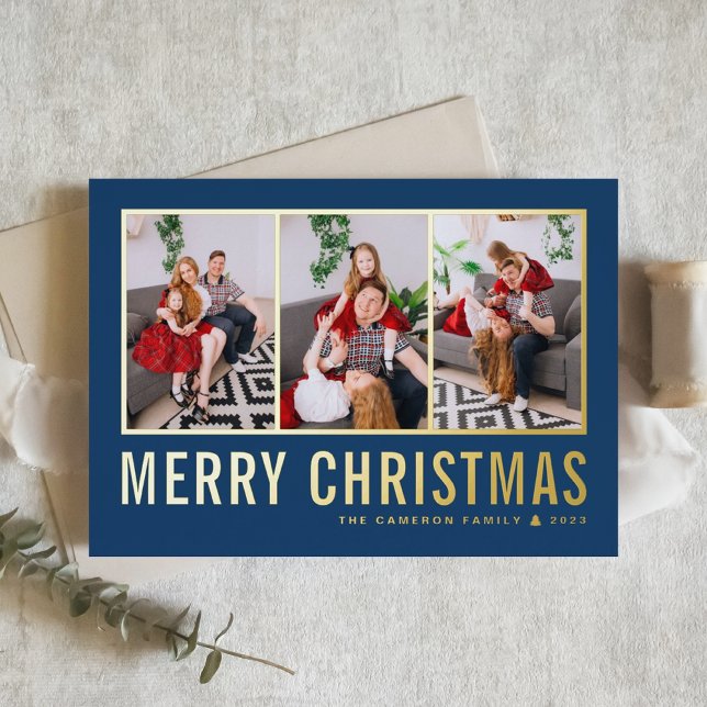 Classic Typography Photo Collage Blue Christmas Foil Holiday Card (Creator Uploaded)