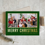Classic Typography Photo Collage Green Christmas<br><div class="desc">Merry Christmas! Send your warm wishes this season with this customisable Christmas photo collage card. It features simple typography. Personalise by adding three photos,  names,  year and other details. This modern gold foil Christmas card is available in other colours and cardstock.</div>