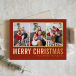 Classic Typography Photo Collage Red Christmas<br><div class="desc">Merry Christmas! Send your warm wishes this season with this customisable Christmas photo collage card. It features simple typography. Personalise by adding three photos,  names,  year and other details. This modern gold foil Christmas card is available in other colours and cardstock.</div>