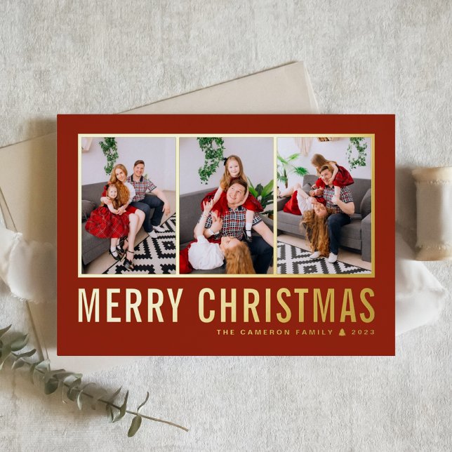 Classic Typography Photo Collage Red Christmas Foil Holiday Card (Creator Uploaded)