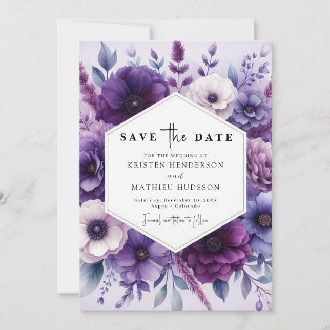 Classic Typography Purple Floral Wedding Save The Date (Front)