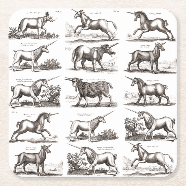 Classic Unicorn Antique Mythical Magical Creature Square Paper Coaster (Front)