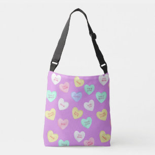 Classic Valentine's Candy Hearts on Purple Crossbody Bag