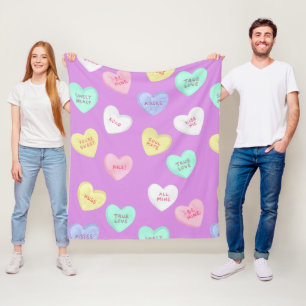 Classic Valentine's Candy Hearts on Purple Fleece Blanket