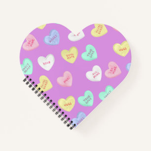 Classic Valentine's Candy Hearts on Purple Notebook