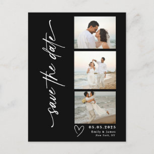 Classic Vertical Script Photo Strip Wedding Announcement Postcard