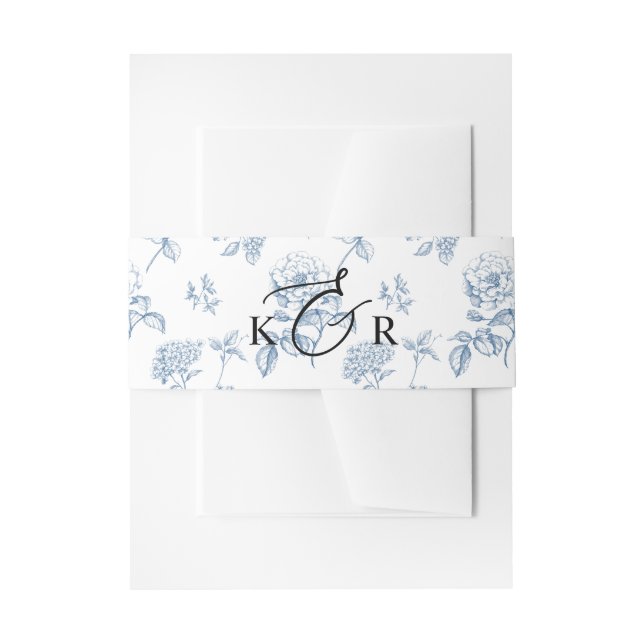 Classic Victorian Blue Floral Wedding Monogram Invitation Belly Band (Front Example)