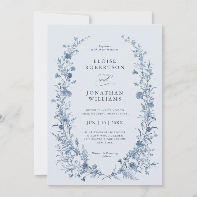 Classic Victorian Blue French Garden Chic Wedding Invitation (Front)