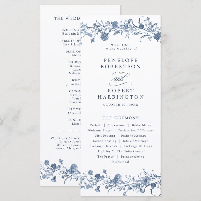 Classic Victorian Blue French Garden Chic Wedding Programme (Front/Back)