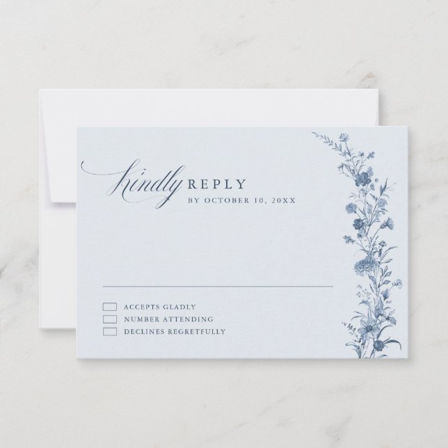 Classic Victorian Blue French Garden Chic Wedding  RSVP Card (Front)