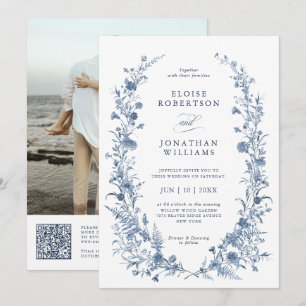Classic Victorian Blue French QR Code Wedding Invitation
