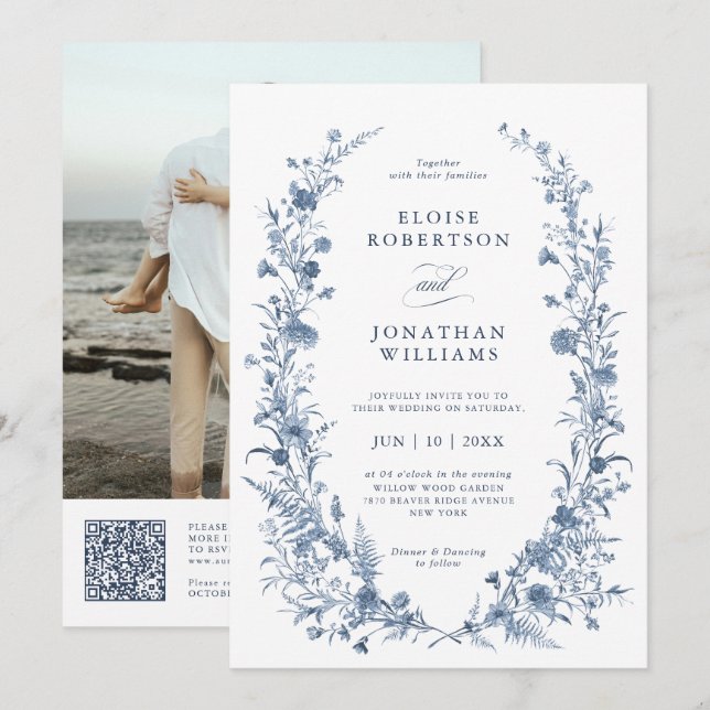 Classic Victorian Blue French QR Code Wedding Invitation (Front/Back)
