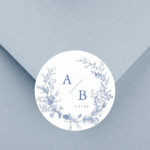 Classic Victorian French Blue Wedding Monogram Round Sticker