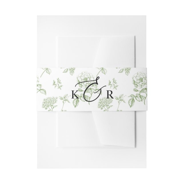 Classic Victorian Green Floral Wedding Monogram Invitation Belly Band (Front Example)