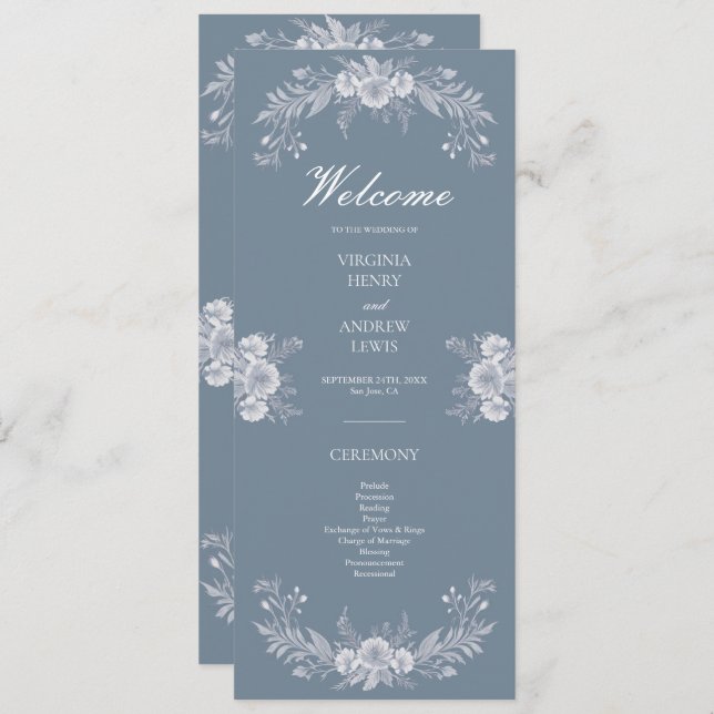Classic Victorian Wedding Program with Blue Floral Programme (Front/Back)