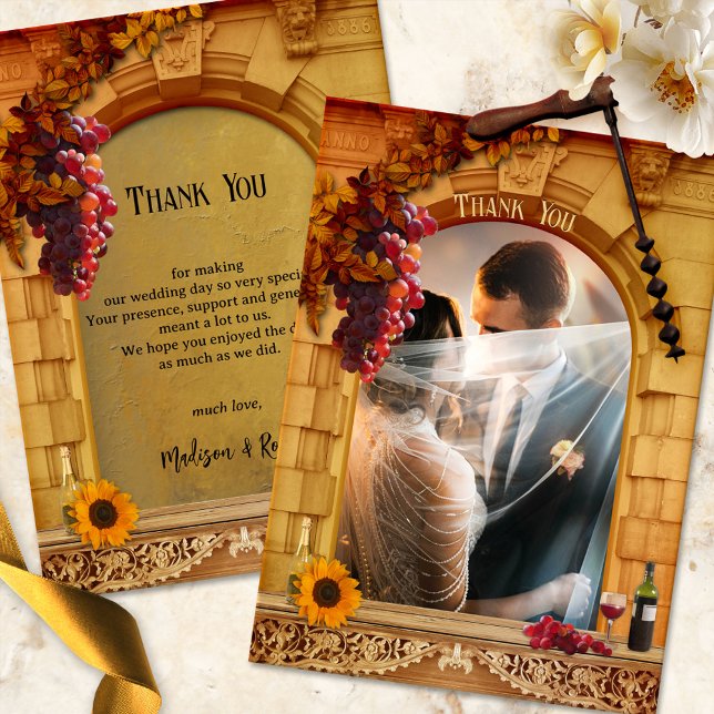 Classic Vineyard Photo Wedding  Thank You Card (Wedding Thank You card with your photo framed by an Italy inspired Roman arch with wine and grapes)