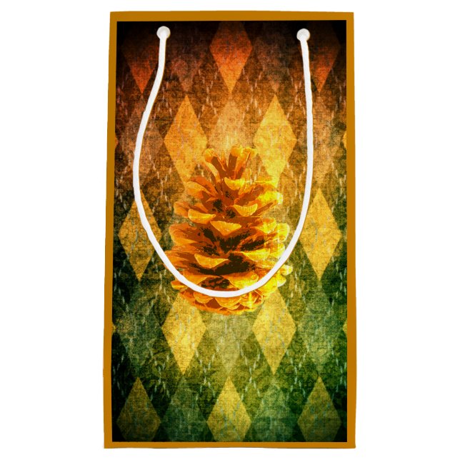 Classic vintage argyle and pinecone rustic fall small gift bag (Front)