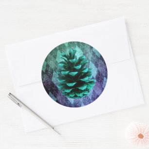 Classic vintage argyle pinecone rustic blue green  round sticker
