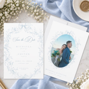 Classic Vintage Blue Floral Wreath Photo Save Date Save The Date