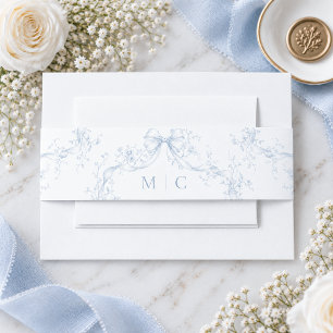 Classic Vintage Blue Floral Wreath Wedding Invitation Belly Band