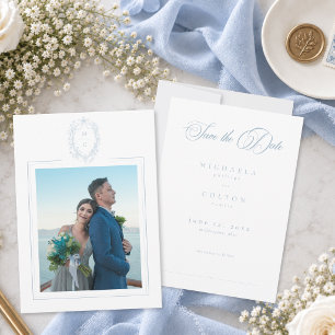 Classic Vintage Blue Floral Wreath Wedding Photo Save The Date