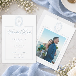 Classic Vintage Blue Floral Wreath Wedding Photo Save The Date