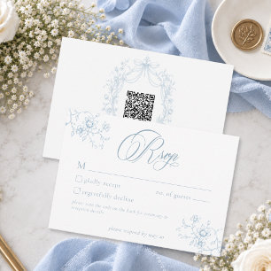 Classic Vintage Blue Floral Wreath Wedding QR RSVP Card