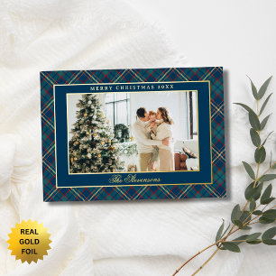 Classic Vintage Blue Plaid Photo Christmas Gold