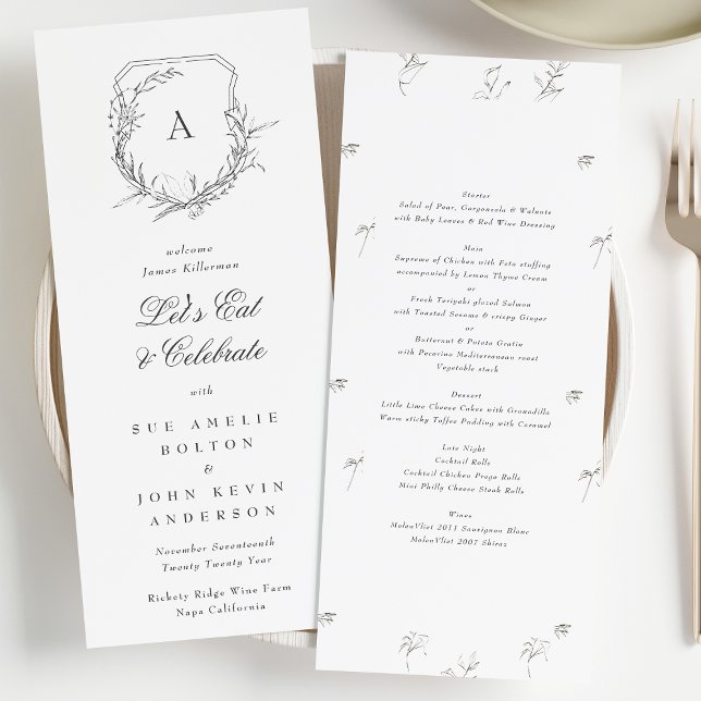classic vintage botanical crest monogram wedding menu (Creator Uploaded)