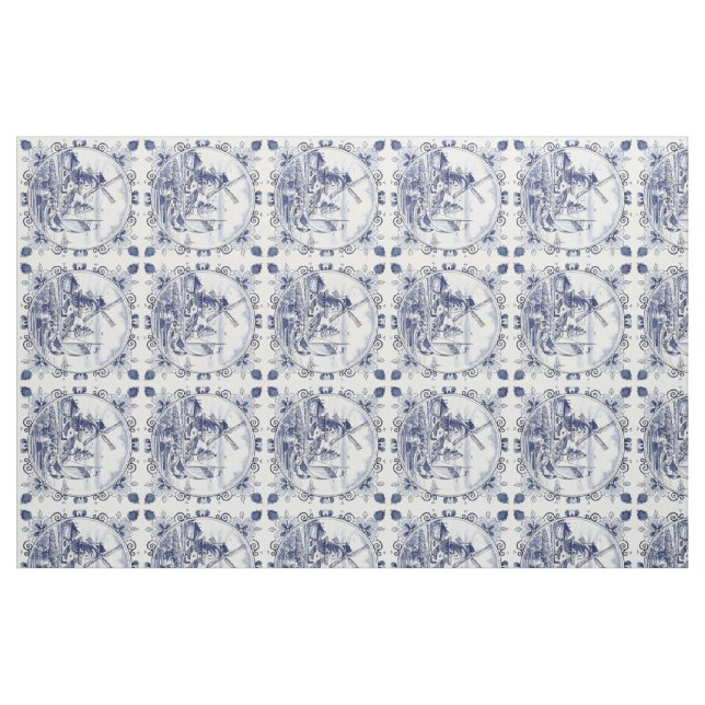 Classic Vintage Chic Dutch Windmill Delft Blue Fabric (Fat Quarter)