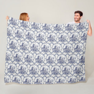 Classic Vintage Chic Dutch Windmill Delft Blue Fleece Blanket