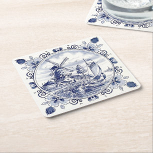 Classic Vintage Chic Dutch Windmill Delft Blue Square Paper Coaster