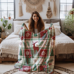 Classic Vintage Christmas Plaid & Holly Pattern Fleece Blanket