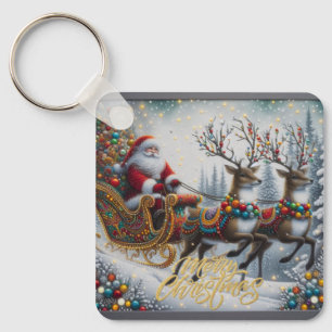 Classic/Vintage Christmas Santa & reindeer Key Ring
