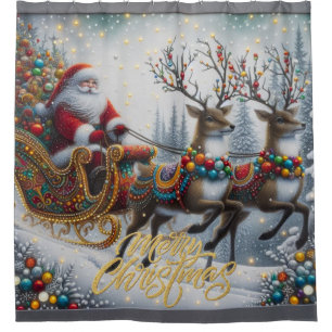 Classic/Vintage Christmas Santa & reindeer  Shower Curtain