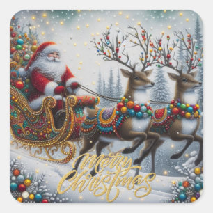Classic/Vintage Christmas Santa & reindeer Square Sticker