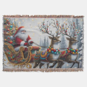 Classic/Vintage Christmas Santa & reindeer Throw Blanket