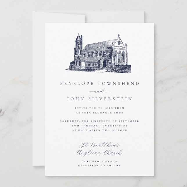 Classic Vintage Church Illustration Wedding Invitation (Front)