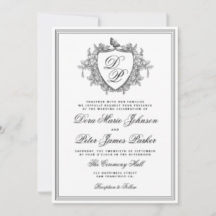 Classic vintage crest monogram black white wedding invitation